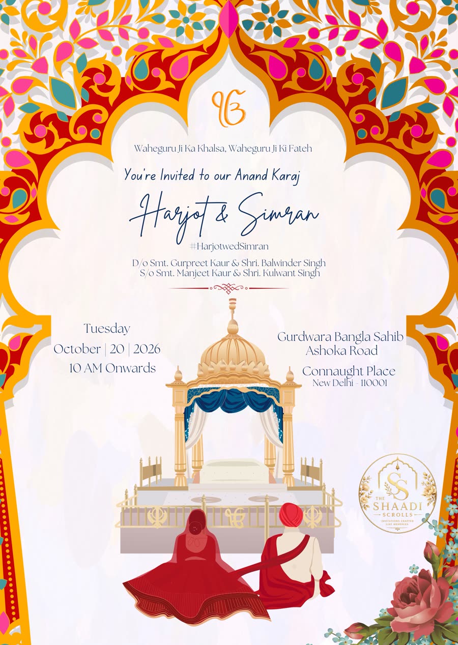 Anand Karaj wedding invitation for Harjot and Simran