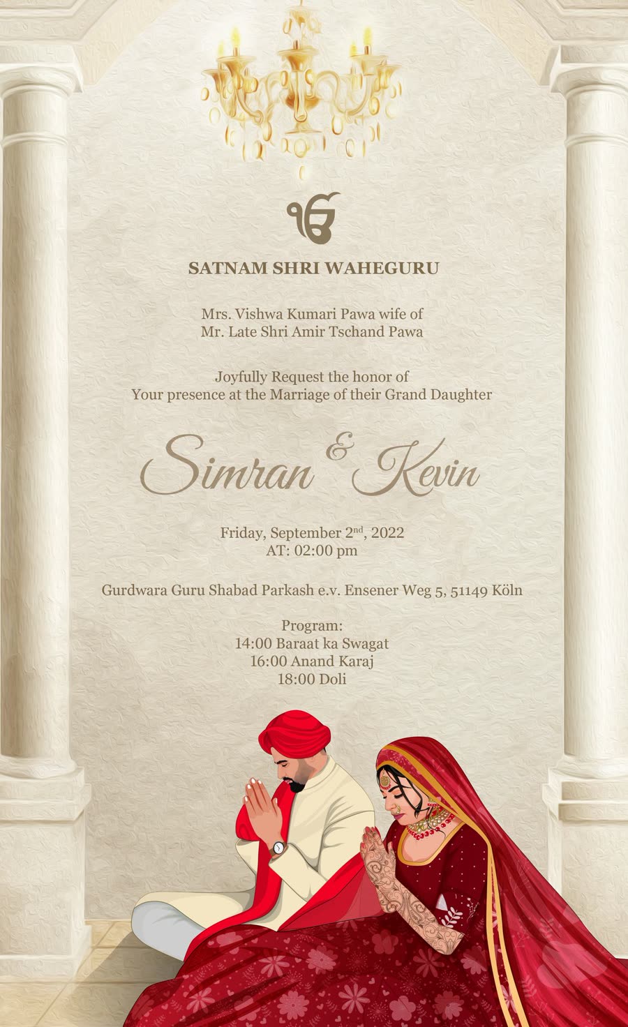 Wedding invitation for Simran and Kevin